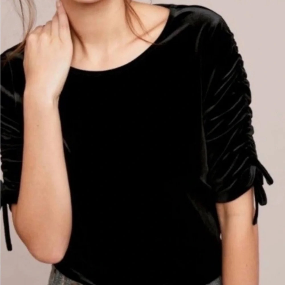 Anthropologie Moulinette Soeurs Black‎ Velvet Short Ruched Tie Sleeves Top